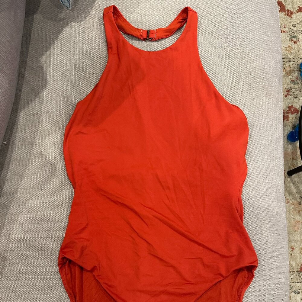 Andie One Piece Orange-Red Halter Swimsuit with Low Back